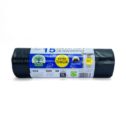 Bin Liners Black - Premium Drawstring 70L