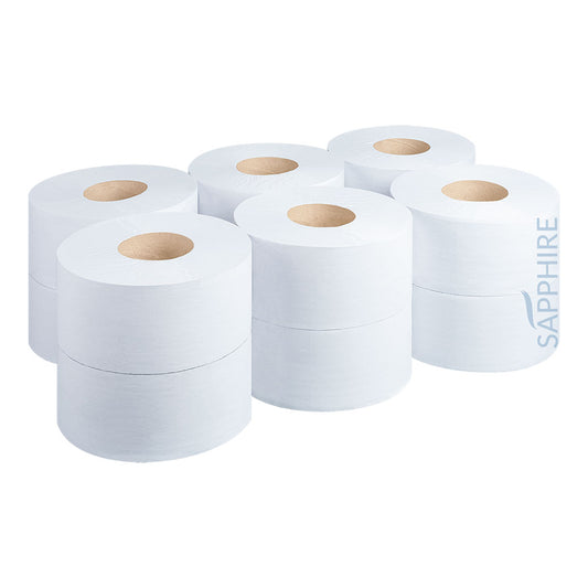 White Mini Jumbo Toilet Rolls 2.25'' Flat (90mm x 150m)