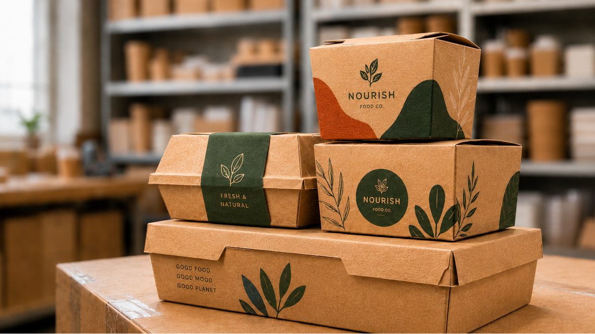 Stack of brown cardboard boxes with 'Nourish' branding in a warehouse setting.